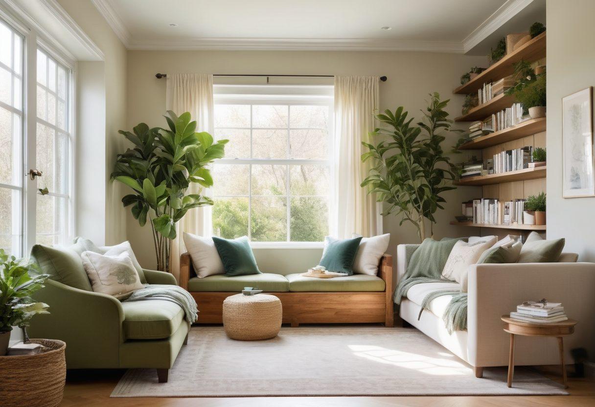 A serene living room with soothing decor, featuring plants, soft textiles, and natural light streaming through large windows. Include a cozy reading nook with a comfy chair and books, a tranquil color palette of greens and neutrals, and decorative elements that exude calmness. The atmosphere should evoke a sense of well-being and relaxation. super-realistic. vibrant colors. white background.