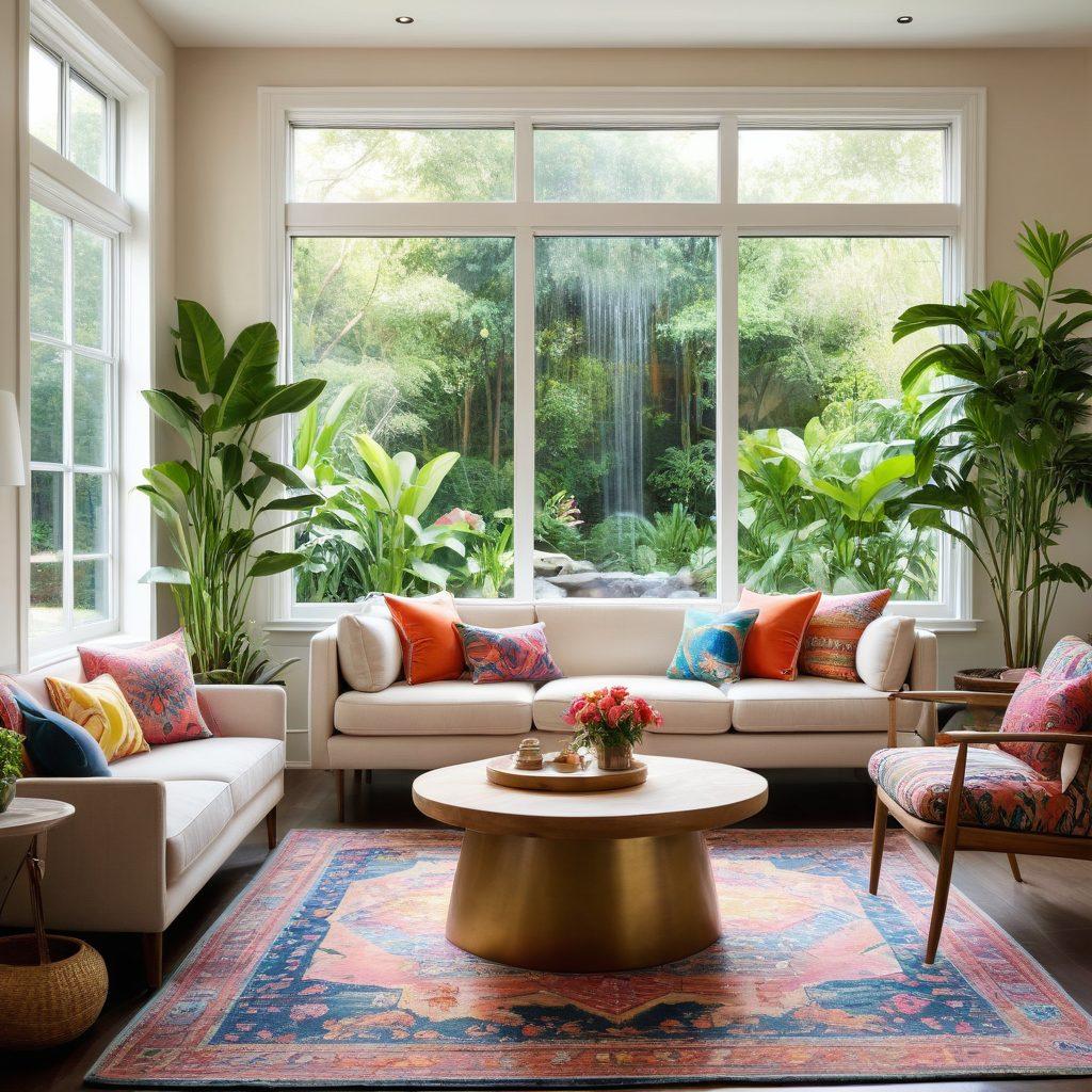 A bright and cheerful living room featuring colorful cushions, lush indoor plants, and playful wall art. Sunlight streaming through large windows, illuminating a cozy seating area with a vibrant rug. Incorporate elements of nature, like a small waterfall or a garden view outside. Include a stylish coffee table with creative decor accessories. soft pastel tones. vibrant colors. super-realistic.