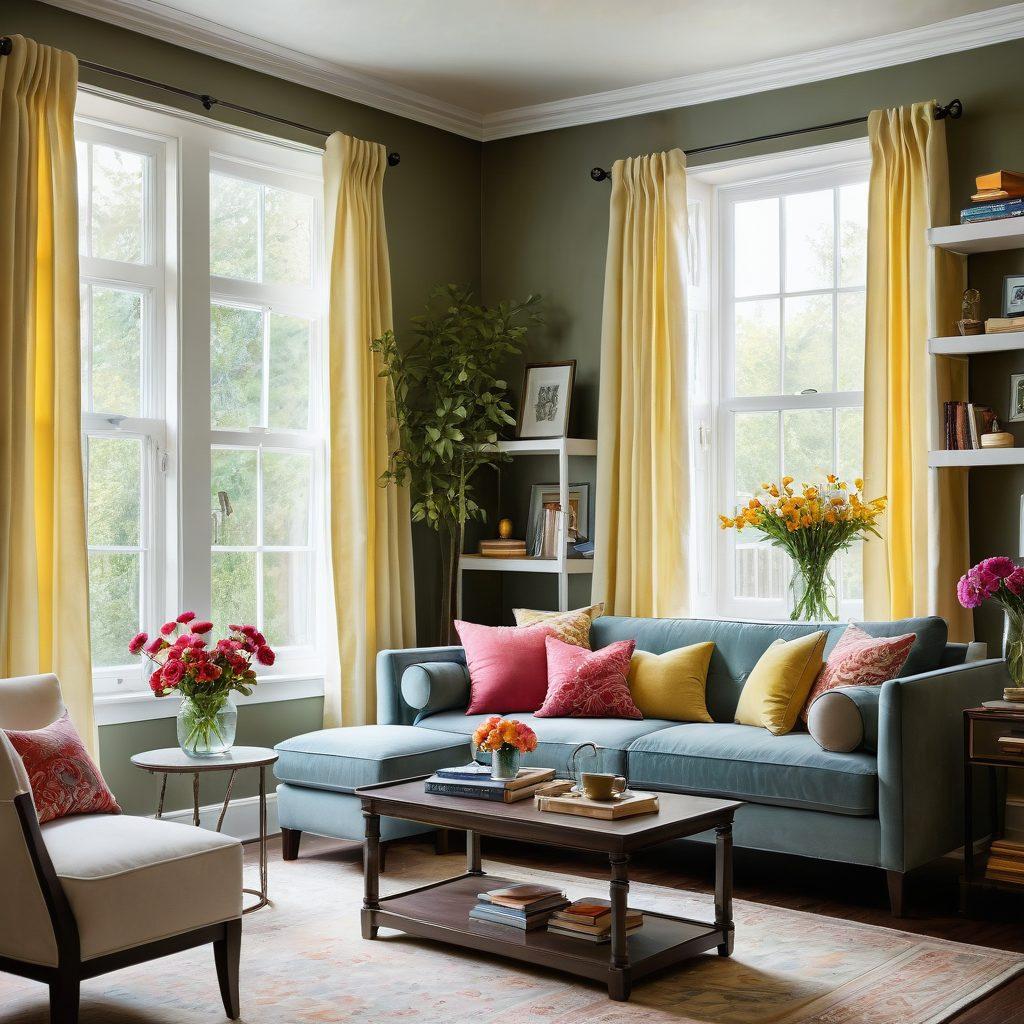 A beautifully styled living room filled with cheerful decor, featuring vibrant colors, plush cushions, indoor plants, and natural light streaming through large windows. A cozy reading nook with a brightly painted wall, artisan decor on shelves, and a coffee table adorned with fresh flowers. Showcase a bedroom scene with airy curtains and accents that reflect a joyful aesthetic. The overall atmosphere conveys warmth, creativity, and positivity. super-realistic. vibrant colors. 3D.